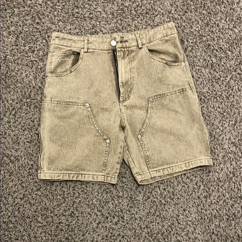 SHEIN Tan Jean Shorts with Distressed Hem
